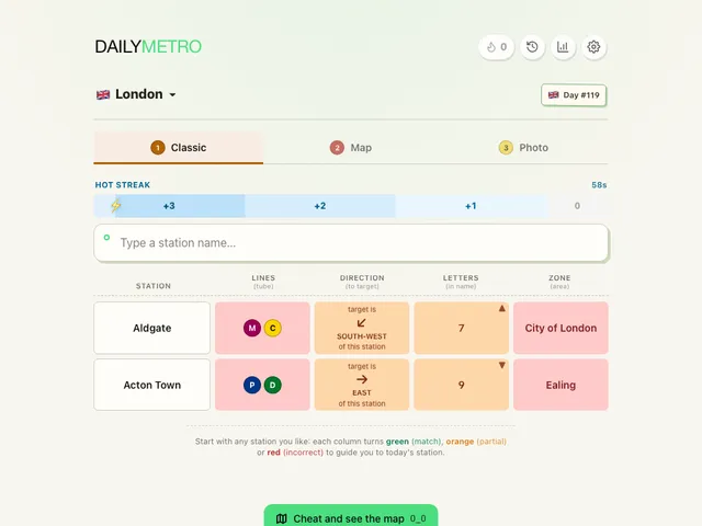 DailyMetro London Classic mode with two guesses showing line, direction, letters and area clues