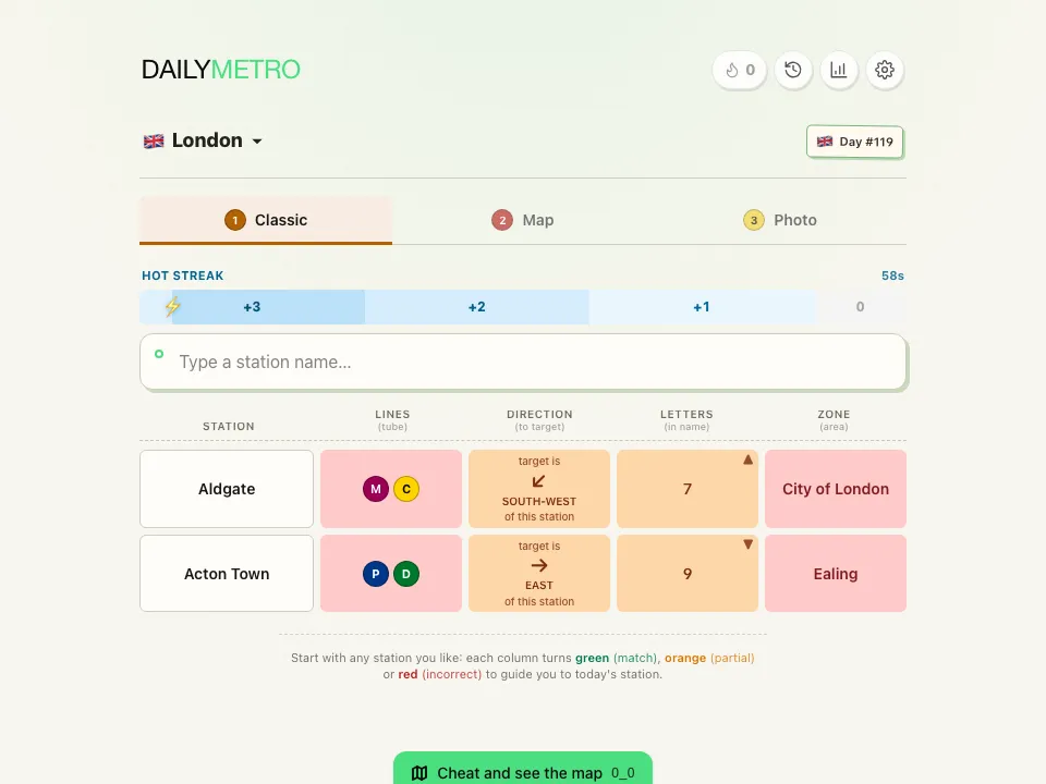 DailyMetro London Classic mode with two guesses showing line, direction, letters and area clues