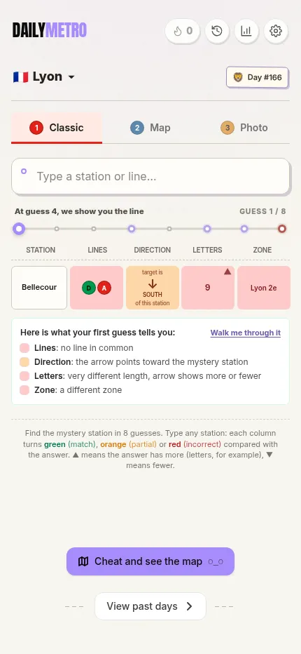 DailyMetro Lyon in English on a phone, Day #166: a first guess, Bellecour, with its clue row and the clue key below