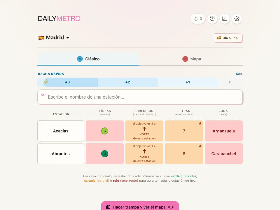 DailyMetro Madrid Classic mode with two guesses showing line, direction, letters and area clues