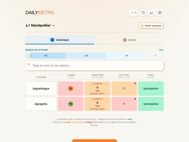DailyMetro Montpellier Classic mode with two guesses showing line, direction, letters and area clues