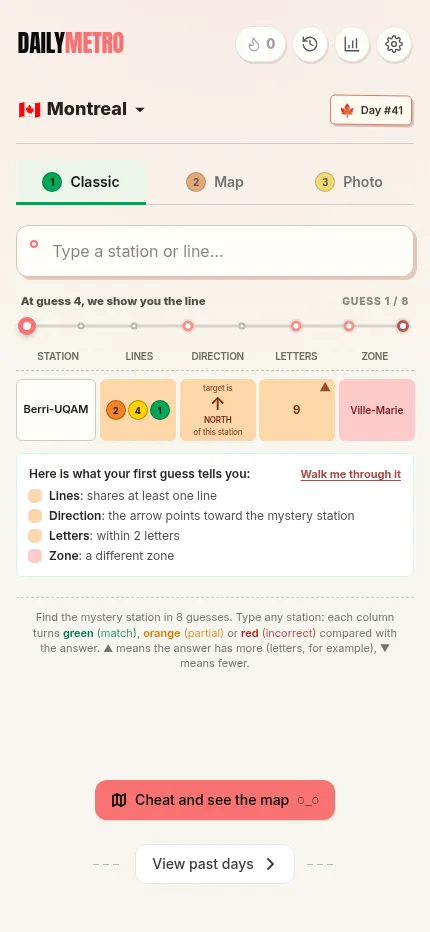 DailyMetro Montreal on a phone after a first guess of Berri-UQAM, with the clue key under the board
