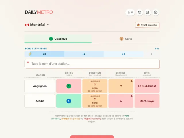 DailyMetro Montreal Classic mode with two guesses showing line, direction, letters and area clues