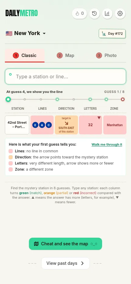 The DailyMetro New York day 172 board at phone size after a first guess, with the clue legend below it