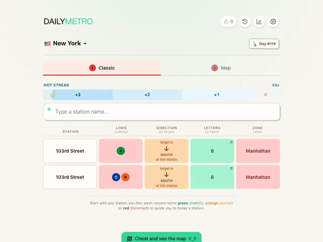 DailyMetro New York Classic mode with two guesses showing line, direction, letters and area clues
