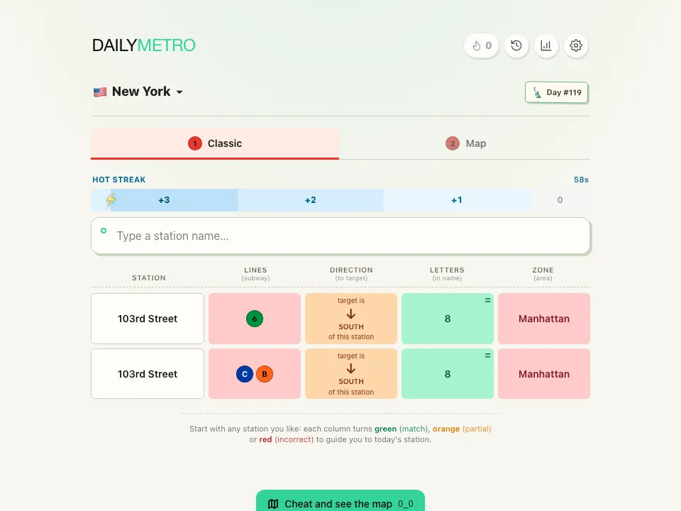 DailyMetro New York Classic mode with two guesses showing line, direction, letters and area clues