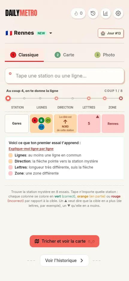 The same DailyMetro Rennes day 13 board at phone size in the French version, with a first guess of Gares