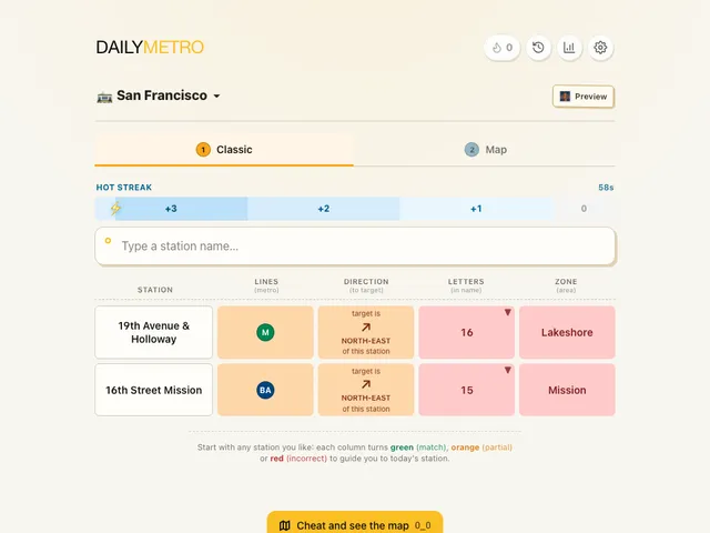 DailyMetro San Francisco Classic mode with two guesses showing line, direction, letters and area clues