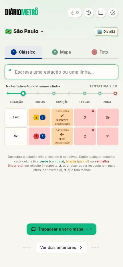 The same DailyMetro São Paulo day 53 board at phone size, two guesses in