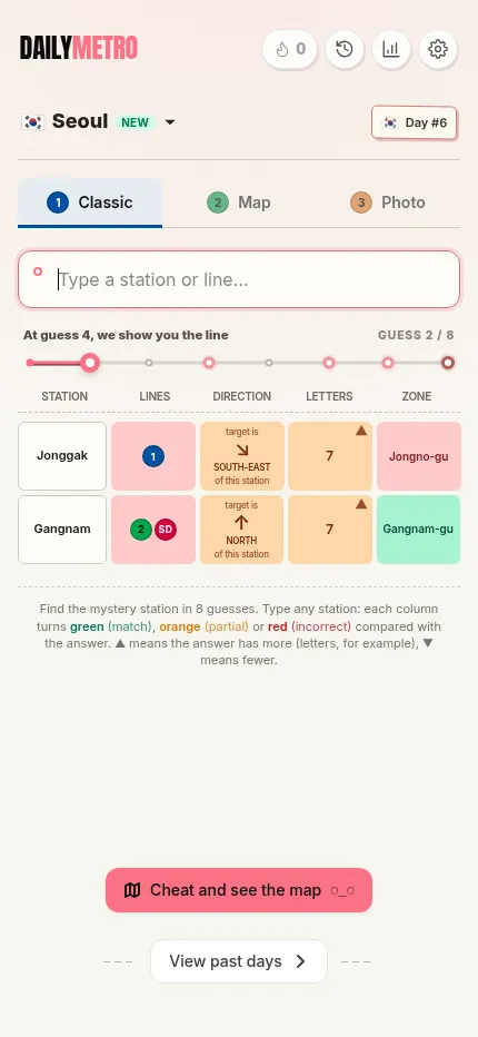 The same DailyMetro Seoul day 6 board at phone size, two guesses in