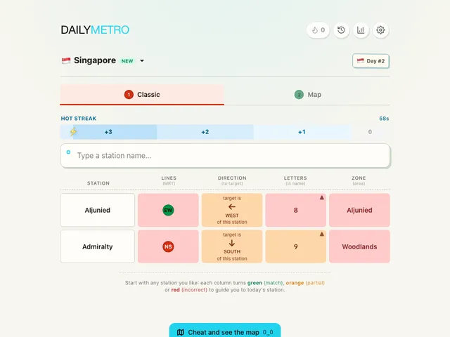DailyMetro Singapore Classic mode with two guesses showing line, direction, letters and area clues