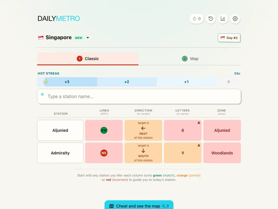 DailyMetro Singapore Classic mode with two guesses showing line, direction, letters and area clues