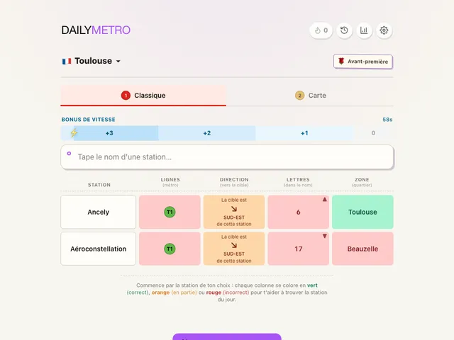 DailyMetro Toulouse Classic mode with two guesses showing line, direction, letters and area clues