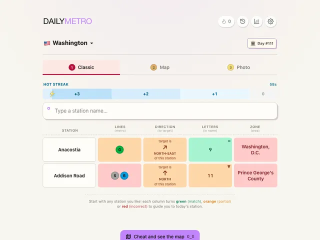 DailyMetro Washington Classic mode with two guesses showing line, direction, letters and area clues