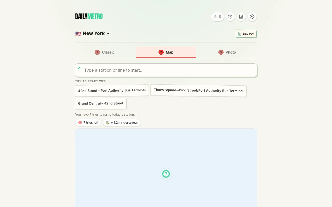 DailyMetro New York in Map mode before the first guess, with seven tries and the day's ridership clue