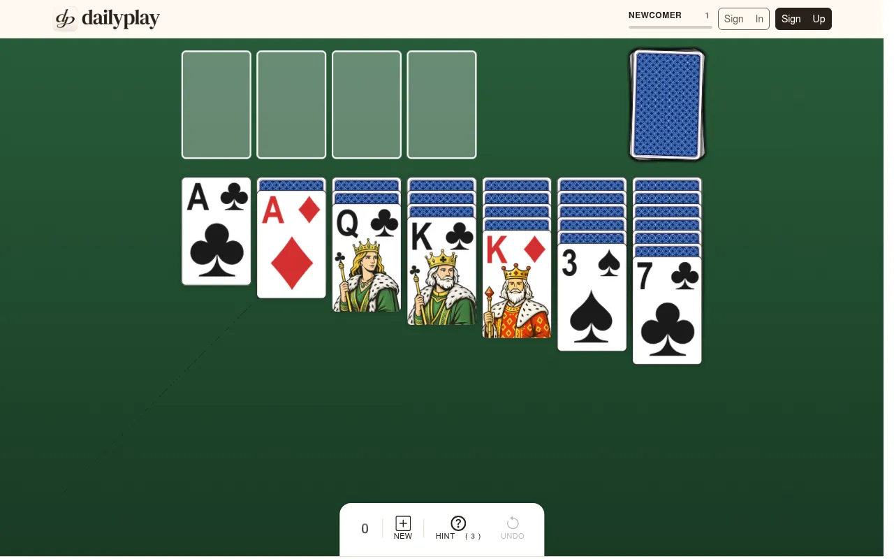 DailyPlay Solitaire daily deal: seven Klondike columns topped by the ace of clubs, ace of diamonds, queen and king of clubs, king of diamonds, three of spades and seven of clubs, with four empty found