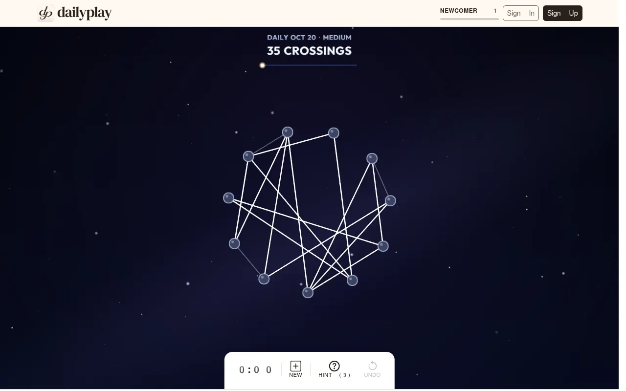 Today's Untangle board on DailyPlay, 20 October 2026 (Medium): twelve stars joined by crossing lines on a night sky, 35 crossings, with the timer, New, Hint and Undo bar below
