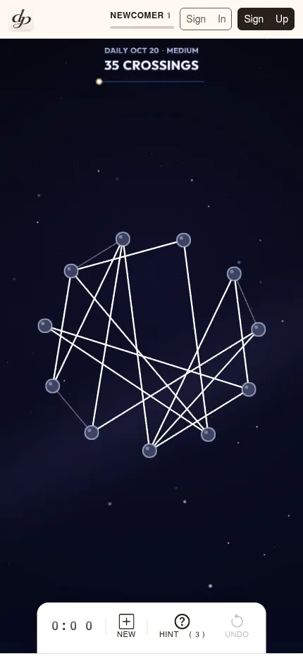 The same Untangle daily of 20 October 2026 on a phone screen: the tangled constellation fills the width, with the timer, Hint and Undo at the bottom
