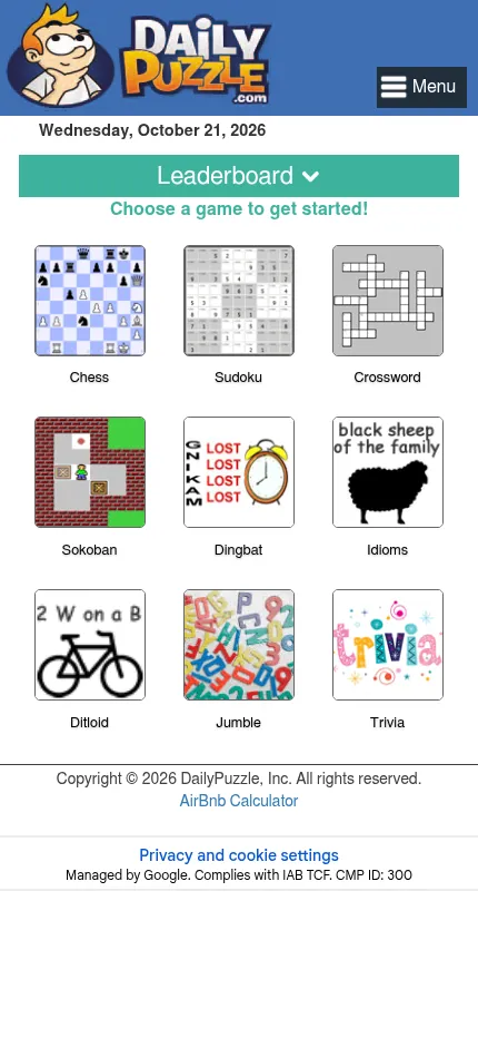 DailyPuzzle.com at phone size: the dated menu of the nine daily games under a fold-out leaderboard