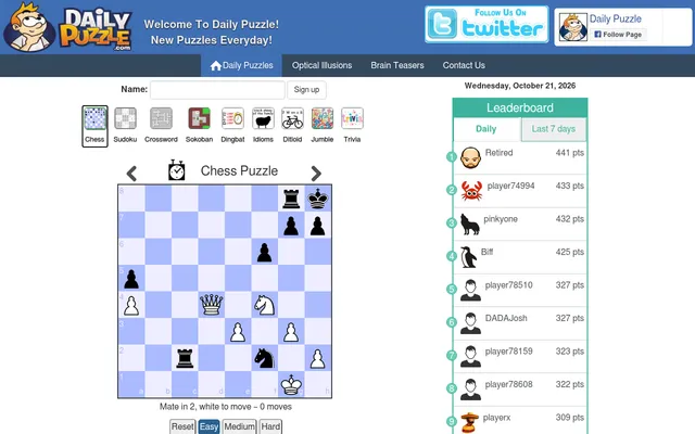 DailyPuzzle.com's easy chess puzzle for 21 October 2026: mate in 2 with White to move, queen on d4 and knight on f4 against the black king on h8, beside the daily leaderboard