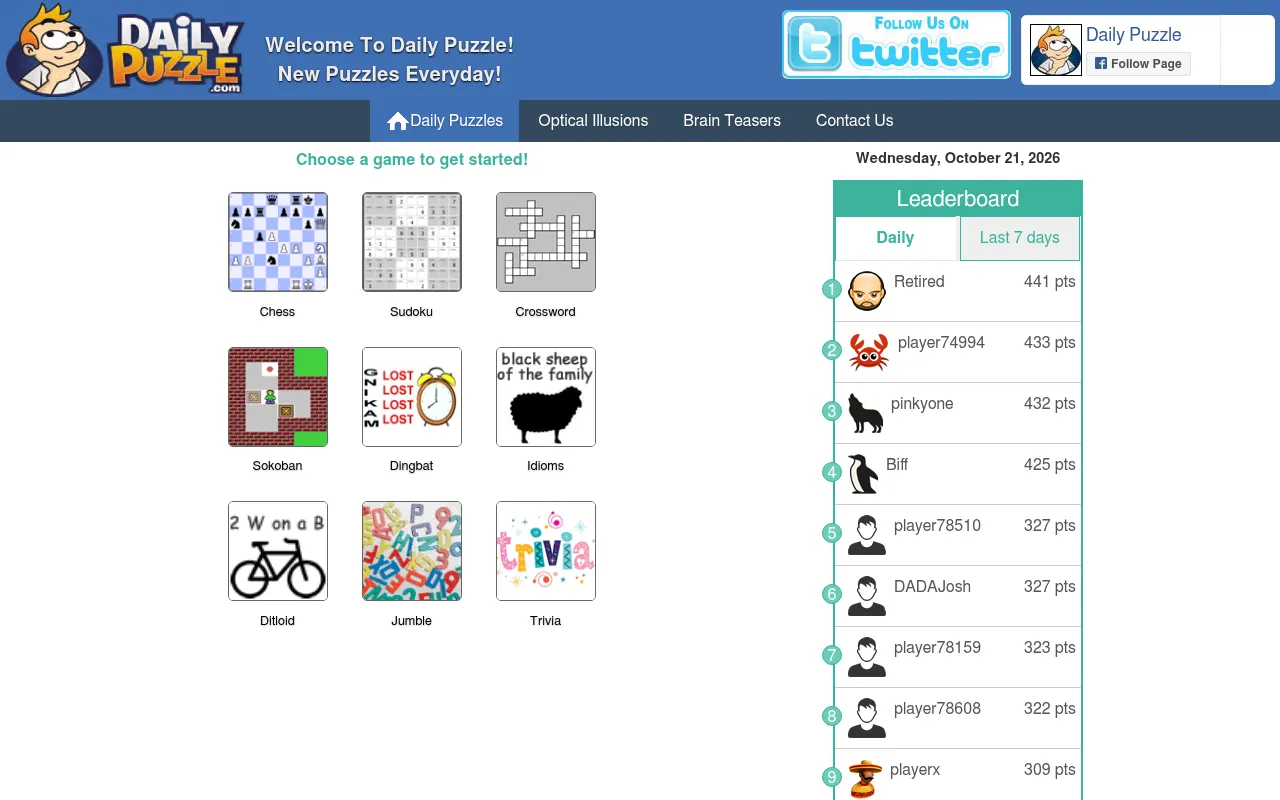 DailyPuzzle.com's menu of the day's nine games (chess, sudoku, crossword, Sokoban, dingbat, idioms, ditloid, jumble, trivia) with the daily leaderboard