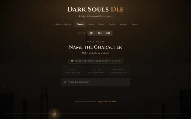 Dark Souls Dle Classic trial No. 645: Name the Character, a count of players who found the answer, locked Species, Location and Affiliation hints and a name box