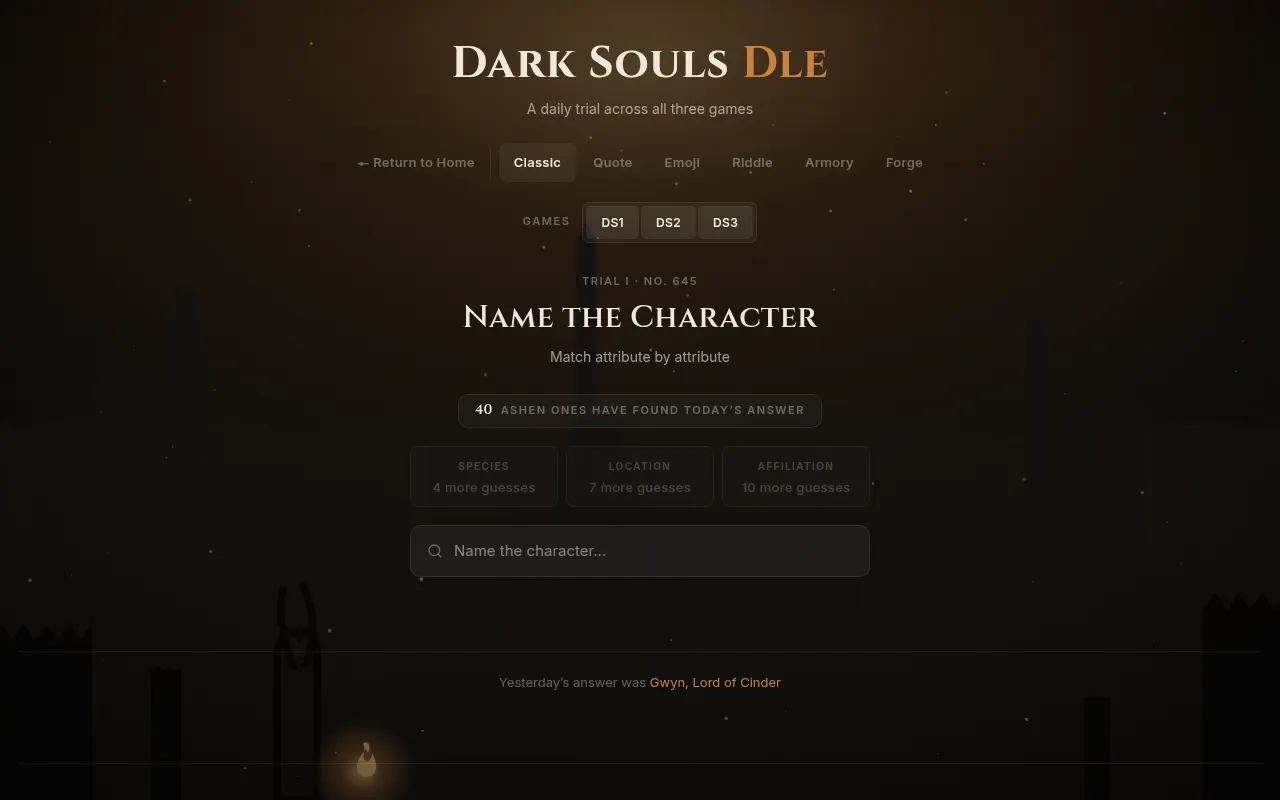 Dark Souls Dle Classic trial No. 645: Name the Character, a count of players who found the answer, locked Species, Location and Affiliation hints and a name box