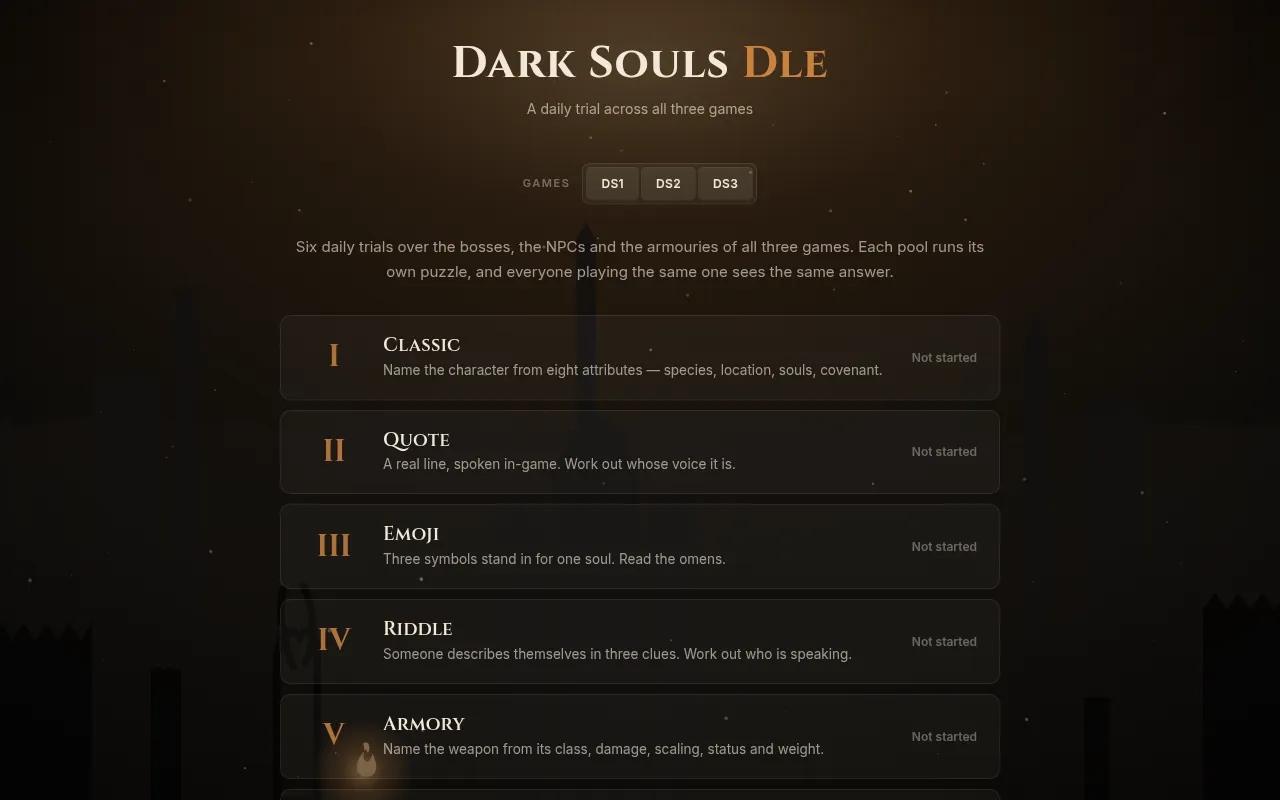 Dark Souls Dle home page: DS1, DS2 and DS3 game buttons above the list of trials, Classic, Quote, Emoji, Riddle and Armory