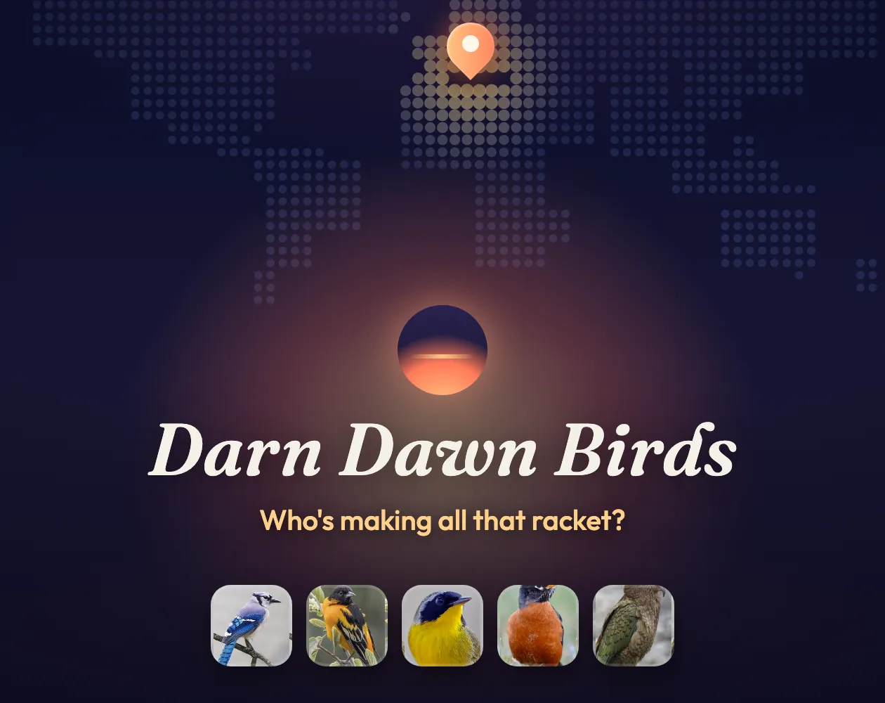 Darn Dawn Birds title art: a dotted world map with a pin, a sunrise icon and photos of five birds