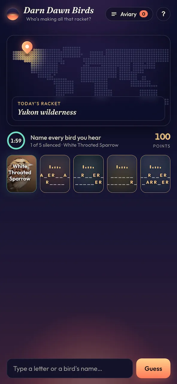 Darn Dawn Birds round in the Yukon wilderness: a timer at 1:59, one bird named as White Throated Sparrow and four name cards still in blanks