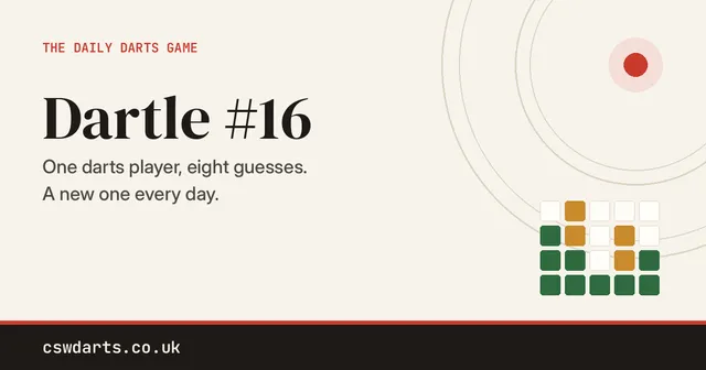 Dartle #16 share card: the daily darts game, one darts player and eight guesses, with a dartboard ring and a grid of green and amber squares