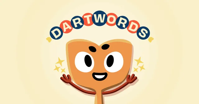 Dartwords logo in red and navy circles above Darty, an orange dart-shaped mascot with raised arms