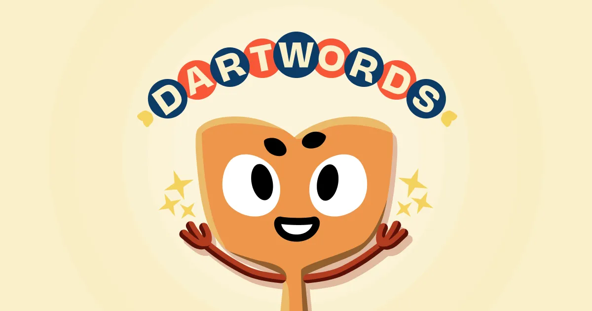 Dartwords logo in red and navy circles above Darty, an orange dart-shaped mascot with raised arms