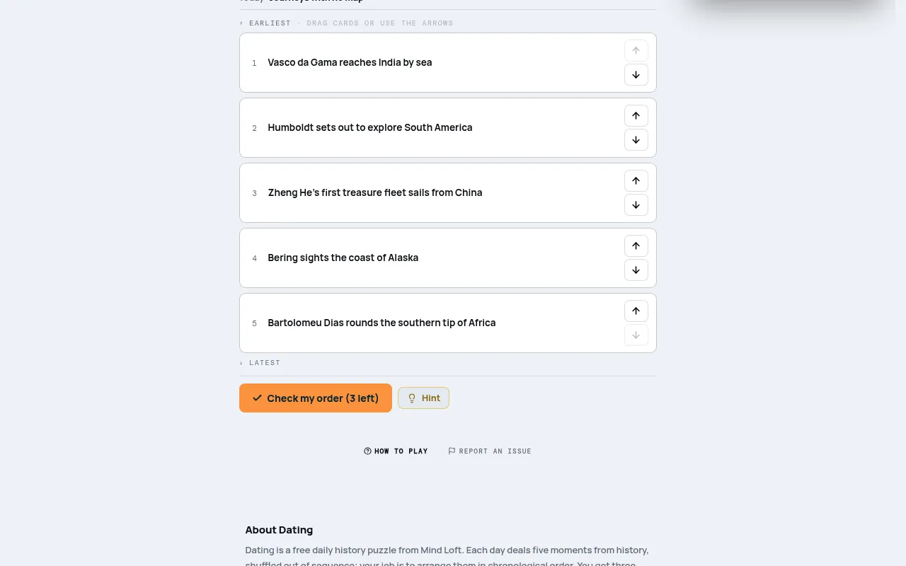 Dating board on mindloftdaily.com: five shuffled exploration moments, from Vasco da Gama reaching India to Bering sighting Alaska, with arrows and a Check my order button with 3 checks left