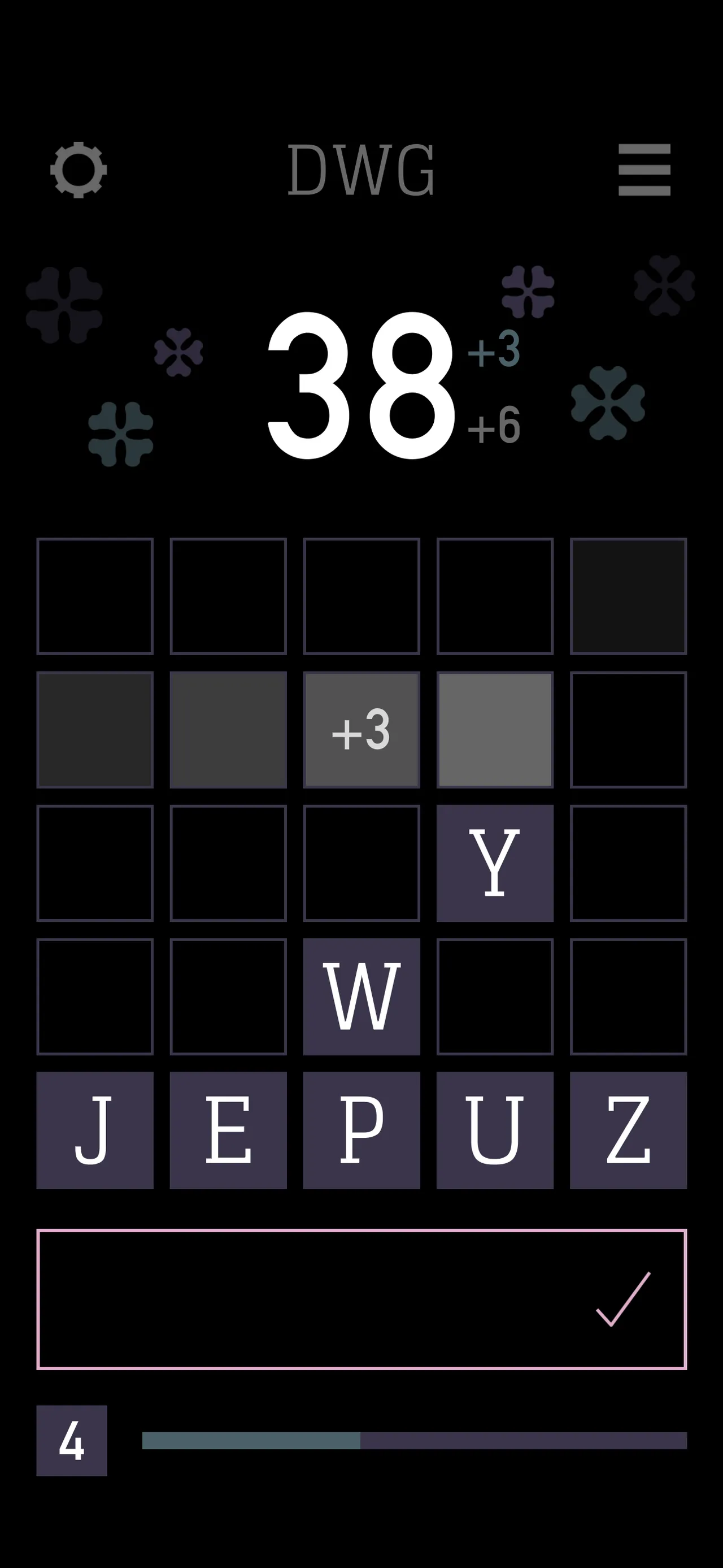 Dave's Word Game in dark mode, mostly cleared, with the score rising to 38