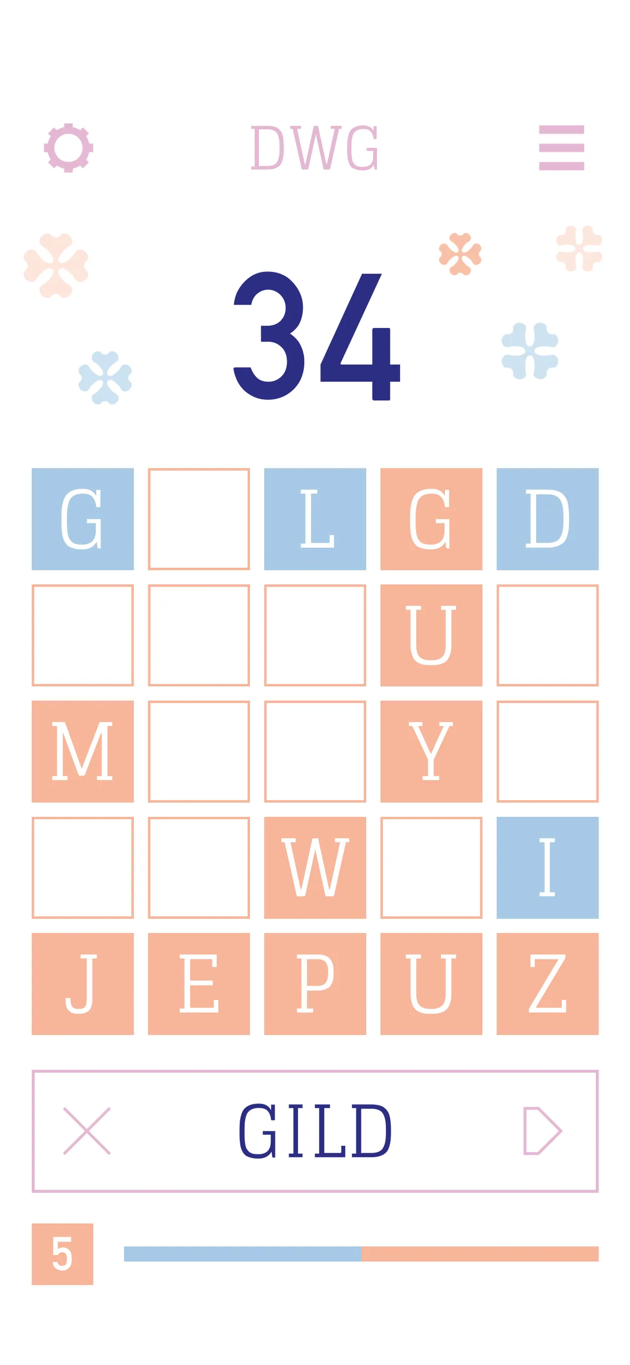 Dave's Word Game: a five by five board of blue and orange letter tiles with some cleared, a score of 34 and the word GILD being played