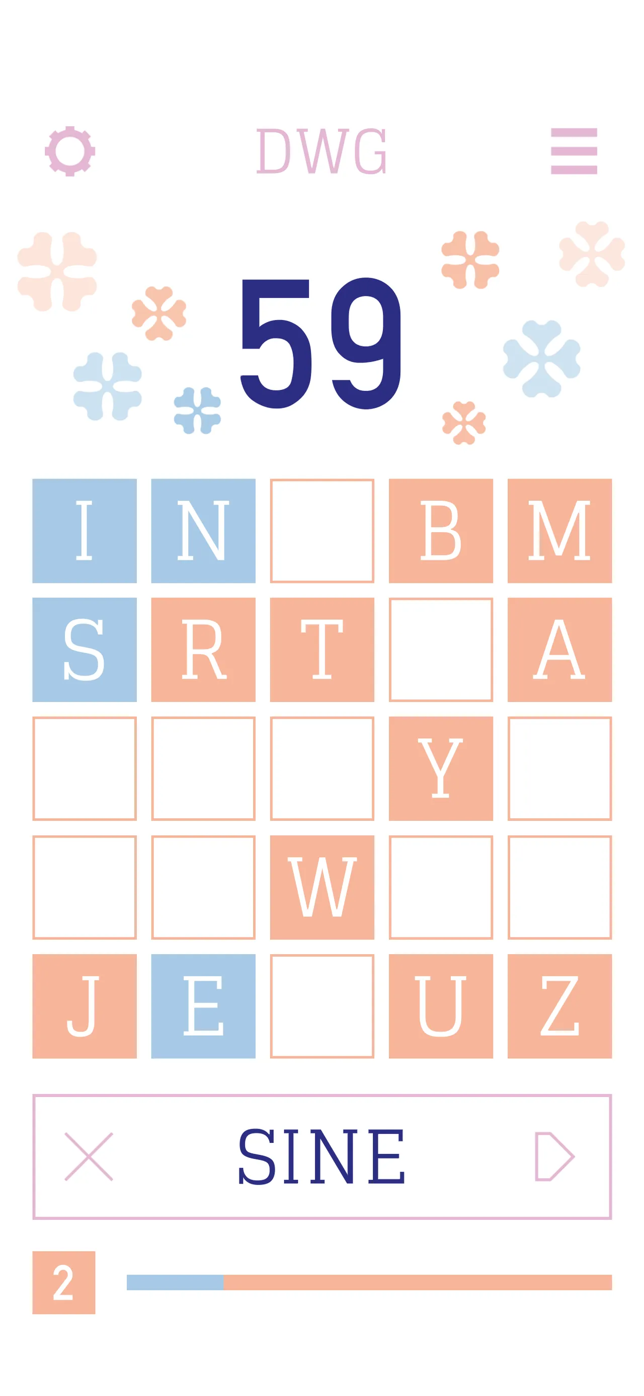 A fuller Dave's Word Game board with a score of 59 and the word SINE being played