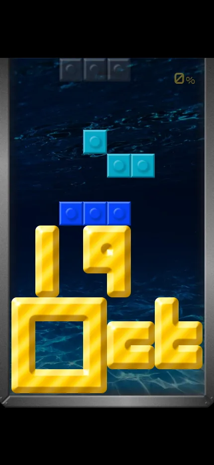 DayBrix at phone size: the same 19 Oct board of gold bricks filling the screen, with a cyan piece falling toward them