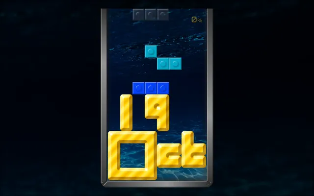 DayBrix daily challenge for Monday 19 October 2026 (Blue Monday): gold bricks spelling 19 Oct at the bottom of the well, a blue and a cyan piece falling above