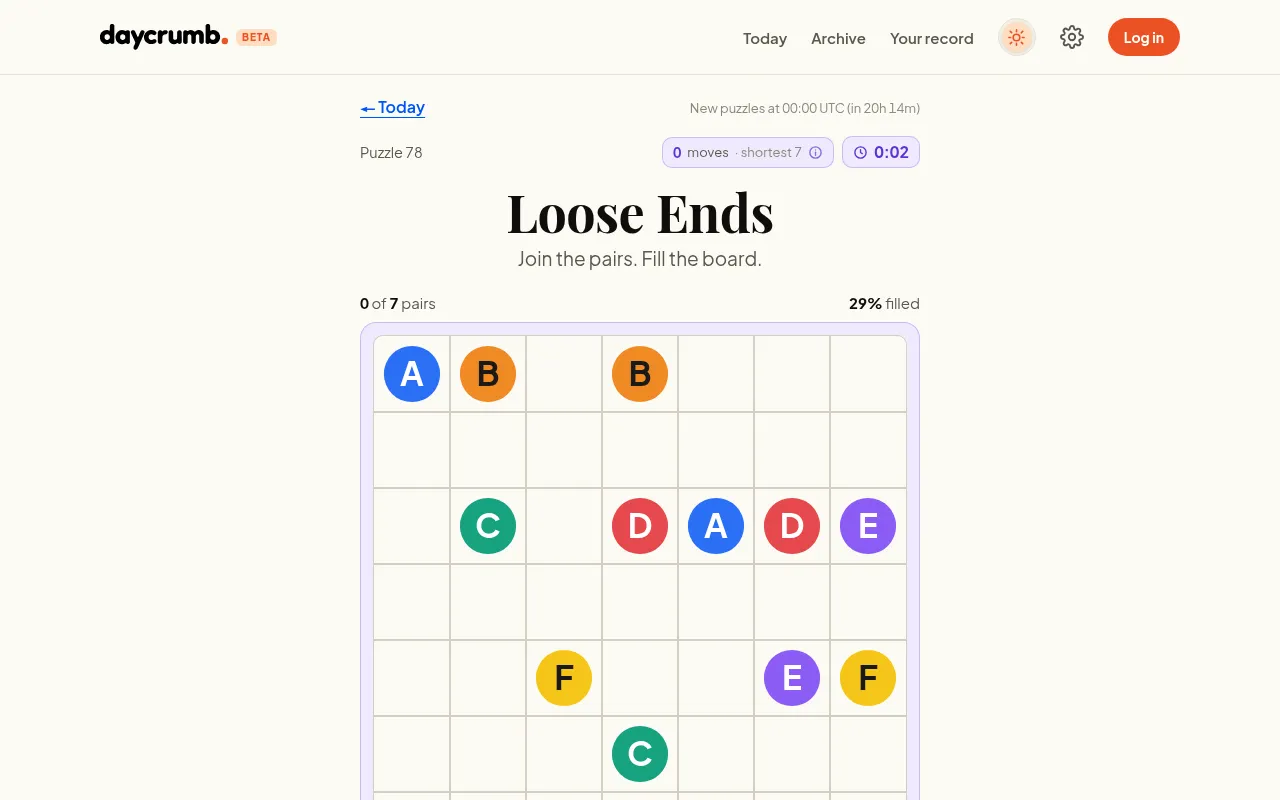 A daycrumb Loose Ends board, puzzle 78: a 7 by 7 grid with lettered pairs of coloured dots waiting to be joined