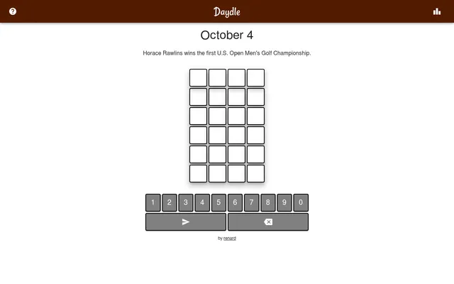 Daydle board for October 4: the clue Horace Rawlins wins the first U.S. Open Men's Golf Championship above an empty grid of six rows of four year boxes and a number keypad