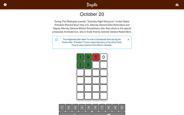Daydle board for October 20: the Saturday Night Massacre clue, a guess of 1950 with 1 and 9 green and 5 red, a before-or-after hint and the number keypad