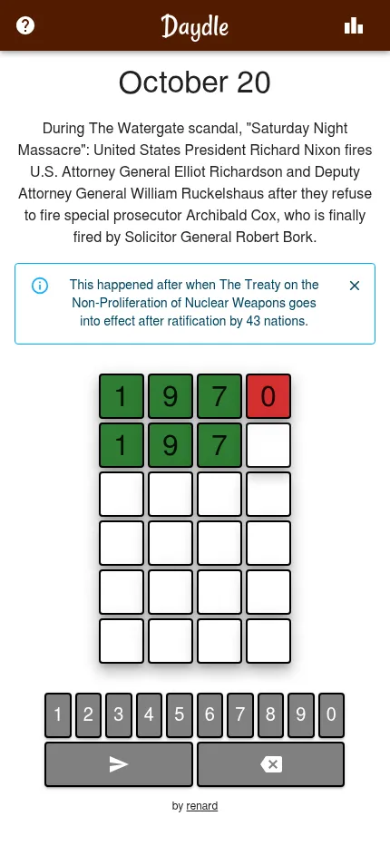 Daydle at phone size on October 20: a guess of 1970 with 1, 9 and 7 green, a hint about the nuclear Non-Proliferation Treaty and the keypad below