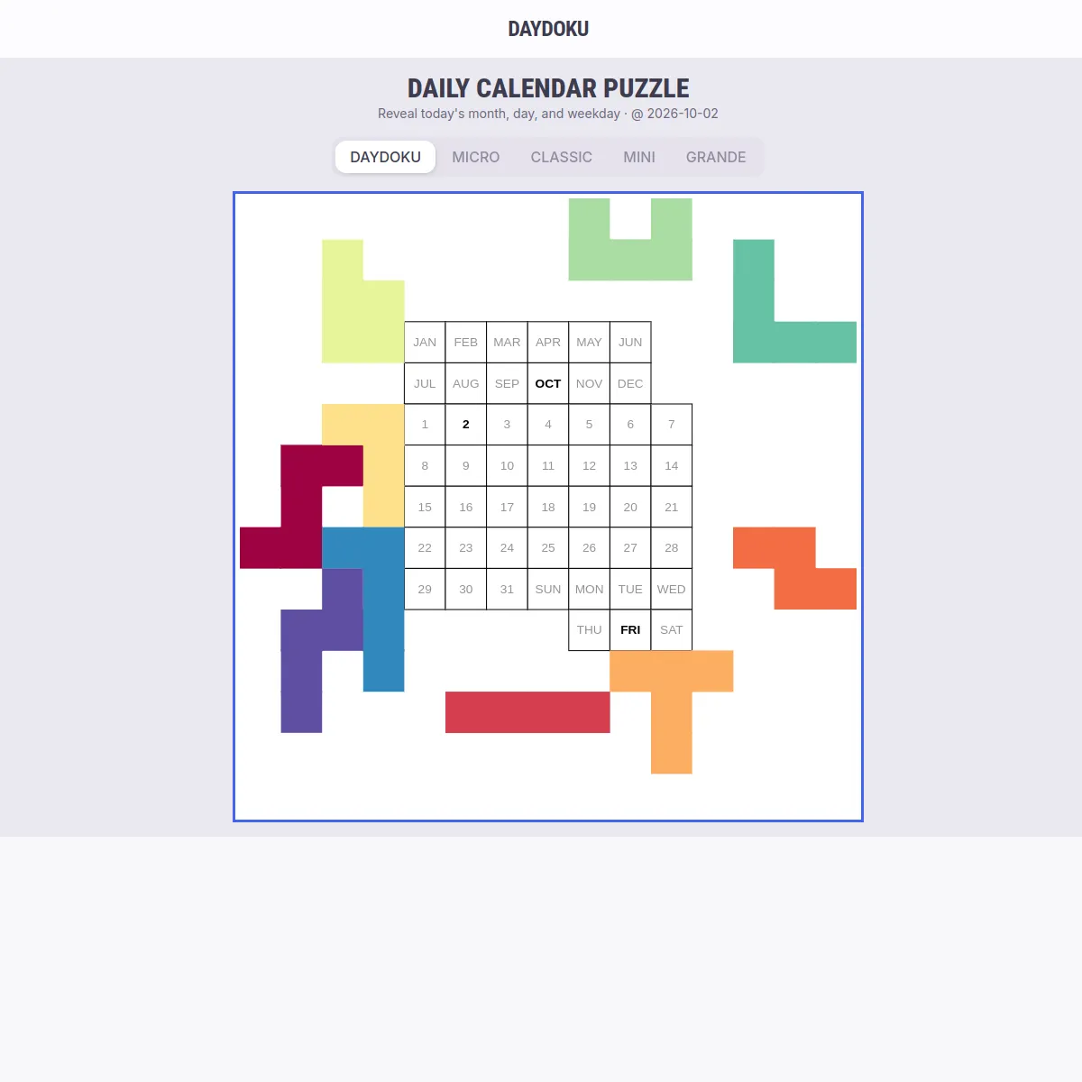 Daydoku calendar board for 2 October 2026 with OCT, 2 and FRI highlighted and coloured polyomino pieces around it