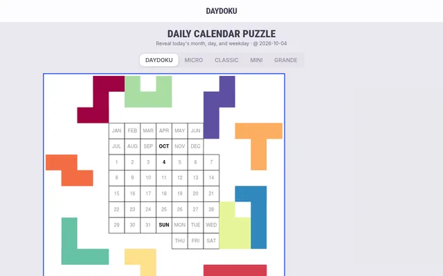 Daydoku daily calendar puzzle for 2026-10-04: a calendar grid of months, days and weekdays with OCT, 4 and SUN in bold, and coloured polyomino pieces placed around it, under Daydoku, Micro, Classic, M