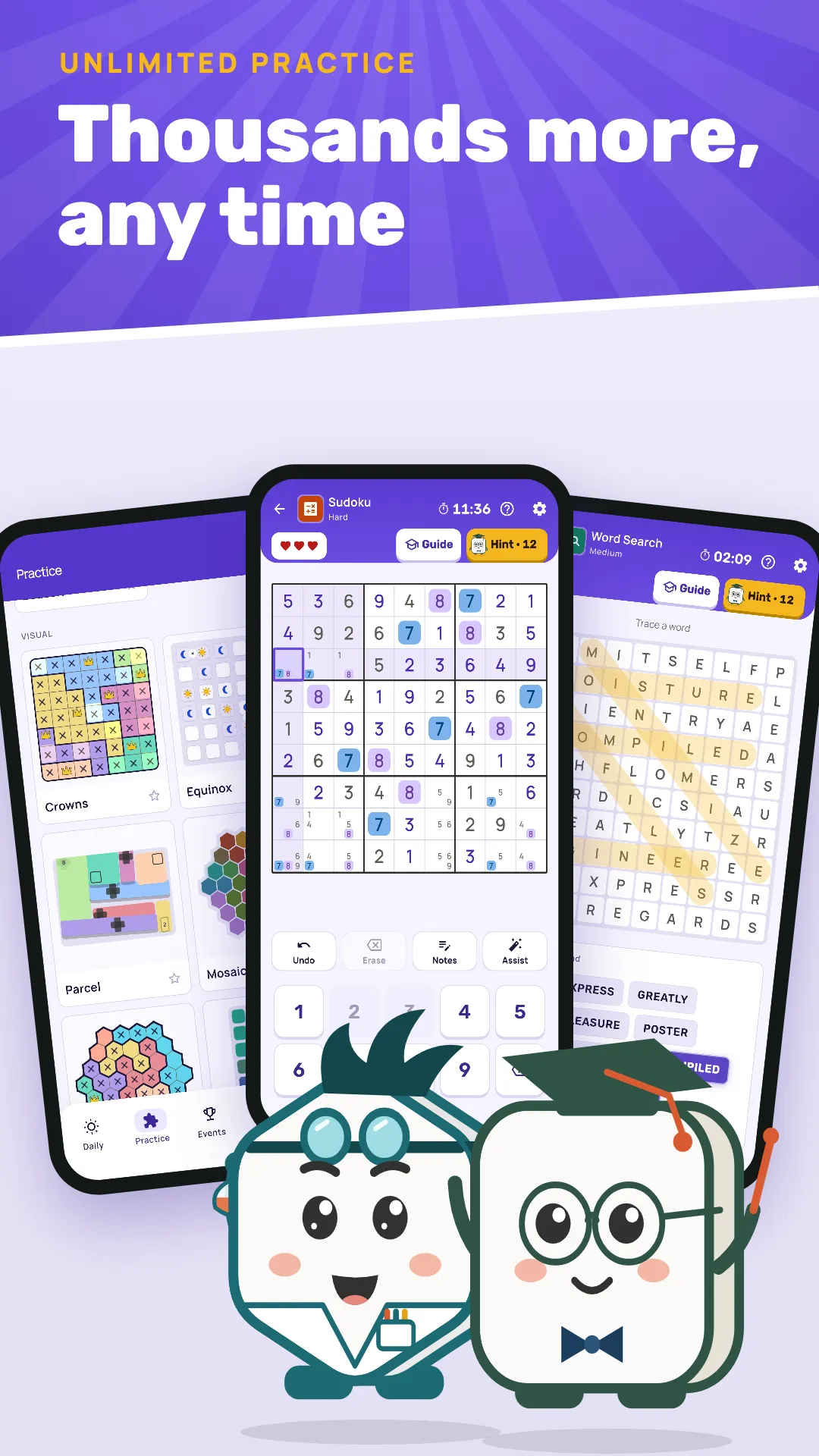 Dayzle practice screens: a Sudoku in play with hints, the game list and a Word Search grid