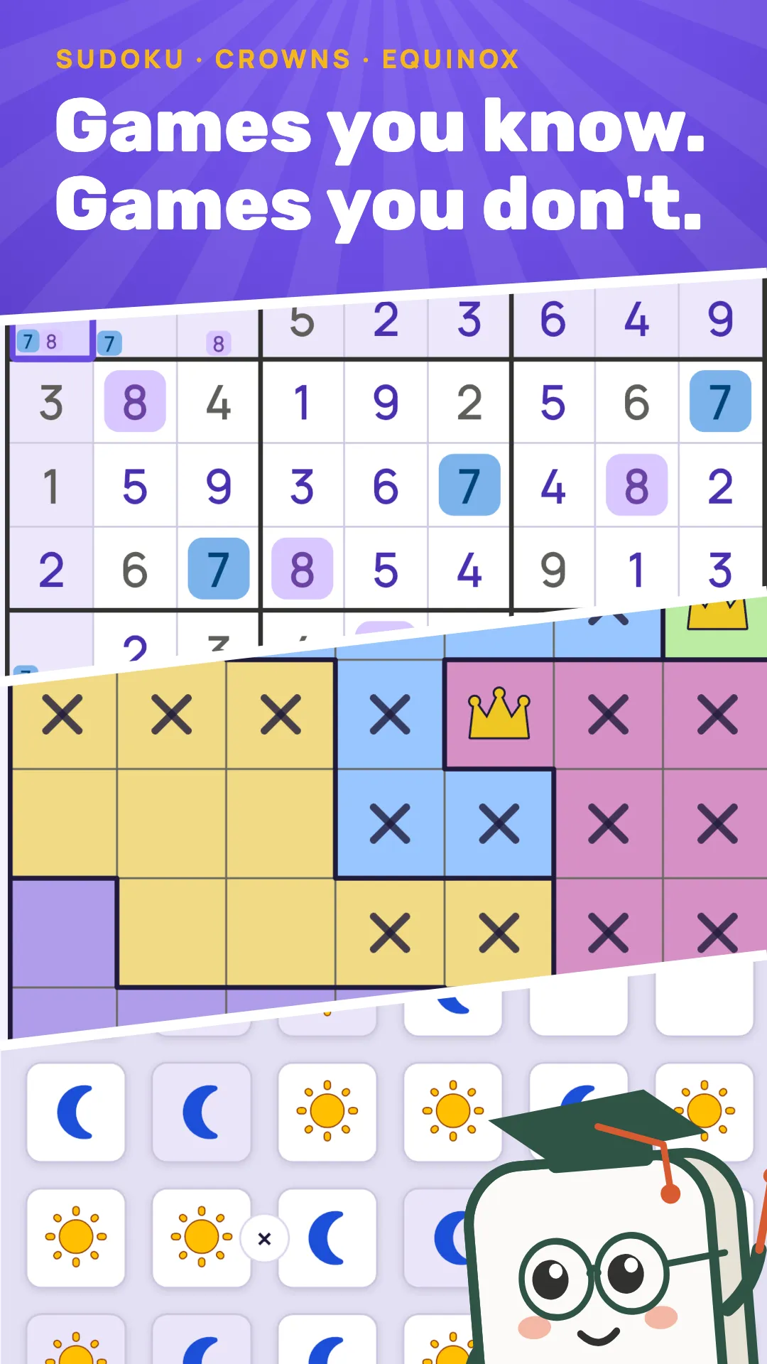 Close-ups of Dayzle's Sudoku, Crowns and Equinox boards