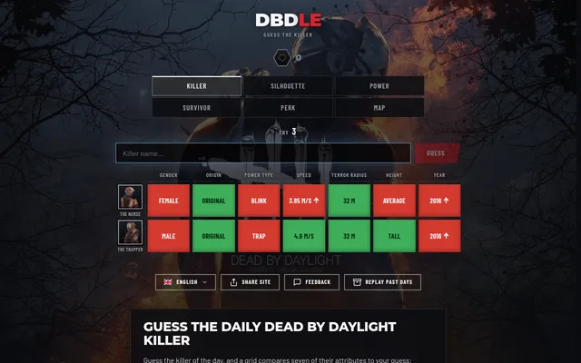 DBDLE's Killer mode on 26 October 2026 after two guesses, The Nurse and The Trapper, each scored across seven attribute cells in green and red with higher or lower arrows