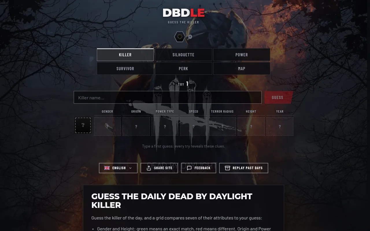 DBDLE's Killer mode before the first guess: tabs for the six modes, a name box and empty clue cells for gender, origin, power type, speed, terror radius, height and year