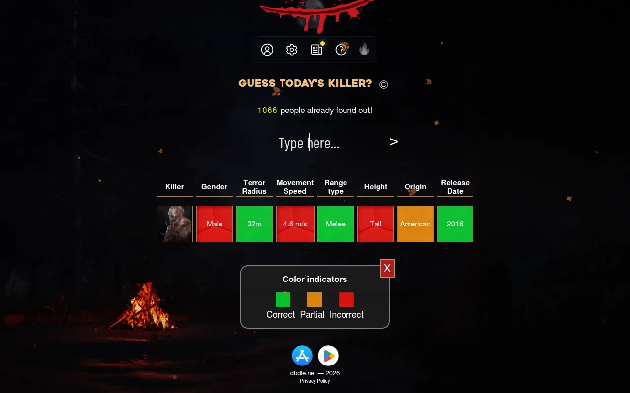 DBDle Classic on 21 Oct 2026: one guess, the Trapper, in a row of green, orange and red tiles for gender, terror radius, speed, range, height, origin and release year